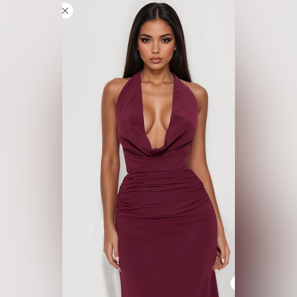 Chiffon Halter Backless Maxi Dress in Burgundy/ plum - Picture 3 of 4